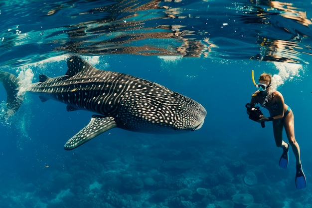 Mujer filmando a un tiburón ballena en una inmersión