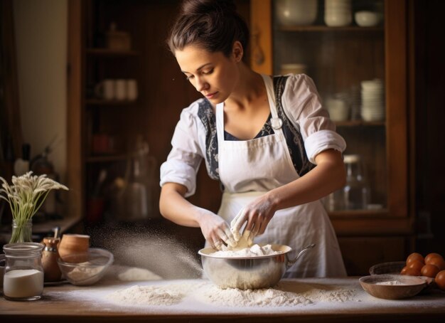 Mujer filtrando harina para hornear en una cocina rústica