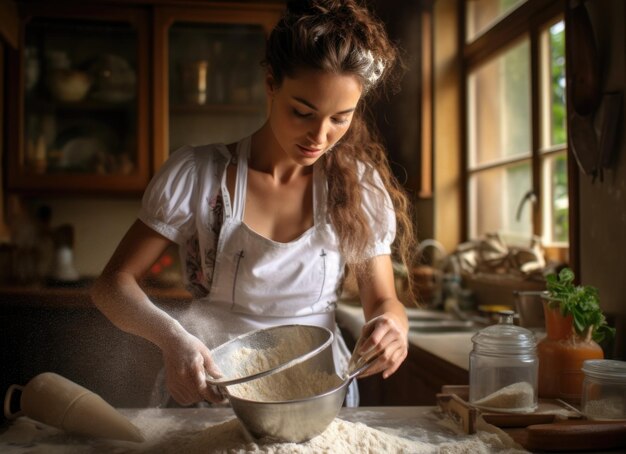 Foto mujer filtrando harina para hornear en una cocina rústica