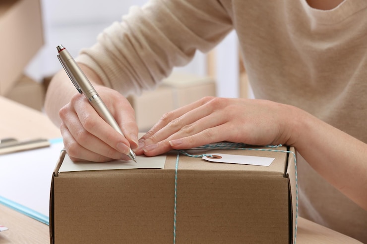 Foto mujer firma paquete en oficina de correos