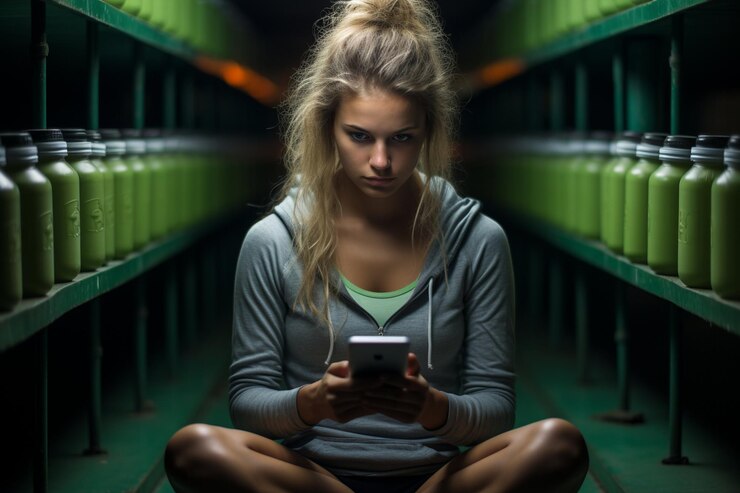 Foto mujer fitness con un jugo de desintoxicación mientras usa un teléfono inteligente