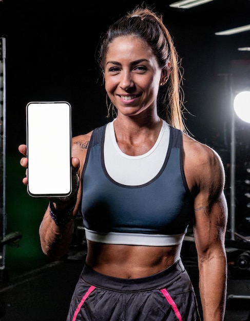 Mujer de fitness mostrando un teléfono móvil en el gimnasio