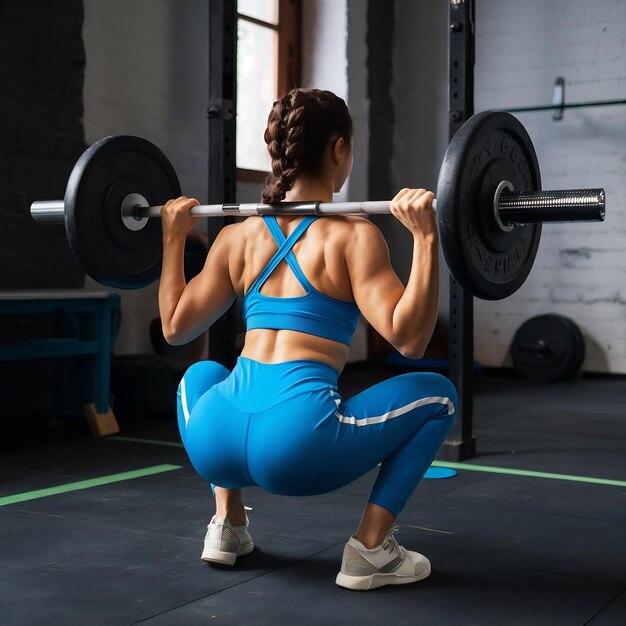 Foto mujer de fitness de la parte de atrás en ropa deportiva azul haciendo cuclillas con barra en los hombros