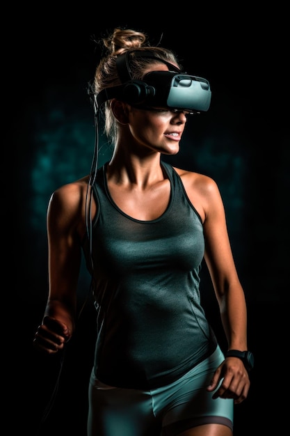 una mujer fitness que utiliza la realidad virtual para participar en entrenamientos inmersivos y sesiones de entrenamiento con IA generativa