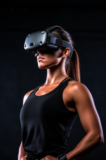 una mujer fitness que utiliza la realidad virtual para participar en entrenamientos inmersivos y sesiones de entrenamiento con IA generativa