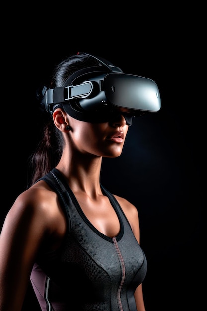 una mujer fitness que utiliza la realidad virtual para participar en entrenamientos inmersivos y sesiones de entrenamiento con IA generativa