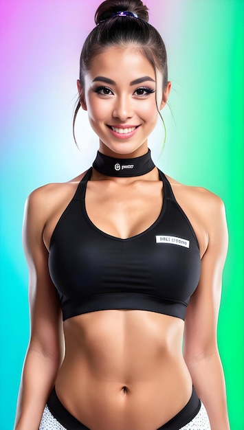 Mujer fitness en ropa deportiva negra posando sobre fondo colorido