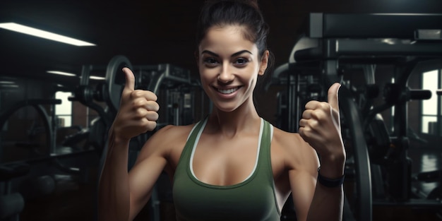 una mujer Fitness sonríe y muestra sus pulgares hacia arriba en un gimnasio