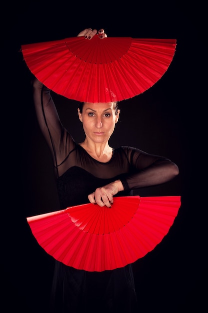 Mujer flamenca con vestido negro y abanicos rojos en el rostro