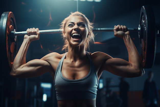 Mujer flexionando los músculos con barra en el gimnasio