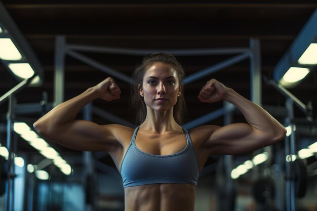 Foto mujer flexionando los músculos con barra en el gimnasio