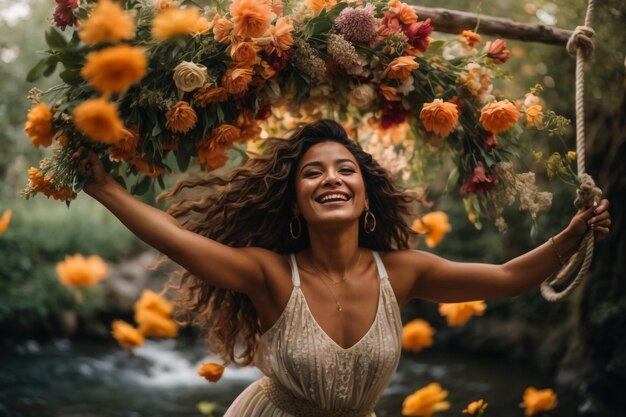 La mujer de la flor alegre se balancea con las flores