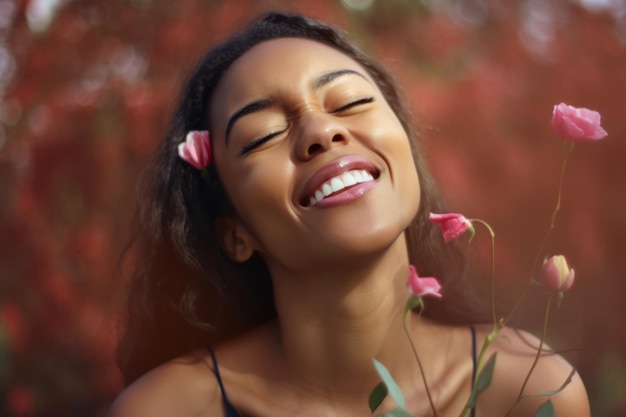 Una mujer con una flor en la boca