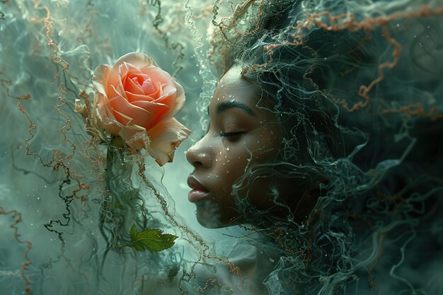 una mujer con una flor en el cabello y el agua está mirando su cara