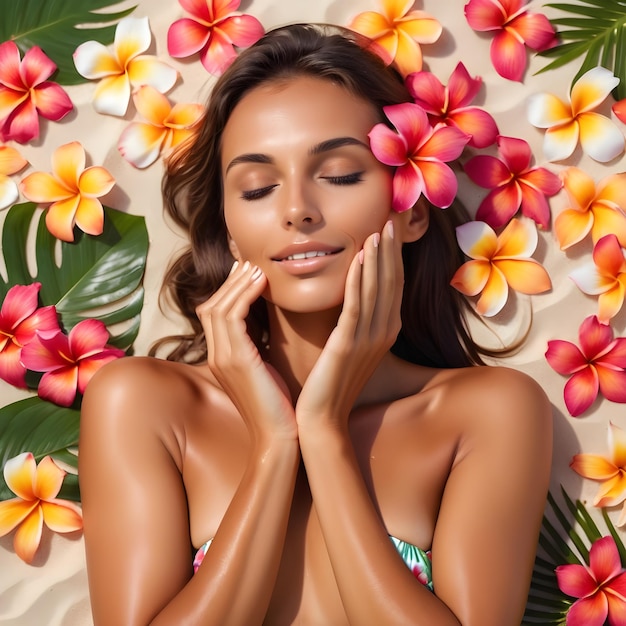 una mujer con una flor en el cabello está cubierta de flores