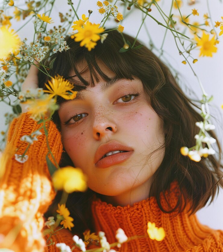 una mujer con una flor en el cabello está posando frente a un fondo blanco