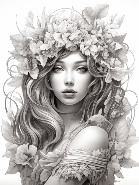 Una mujer con una flor en el cabello está rodeada de flores.