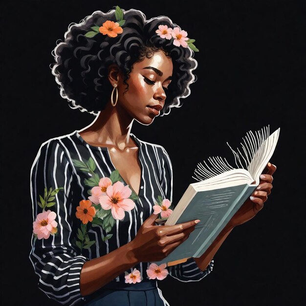 Foto una mujer con una flor en el cabello está leyendo un libro