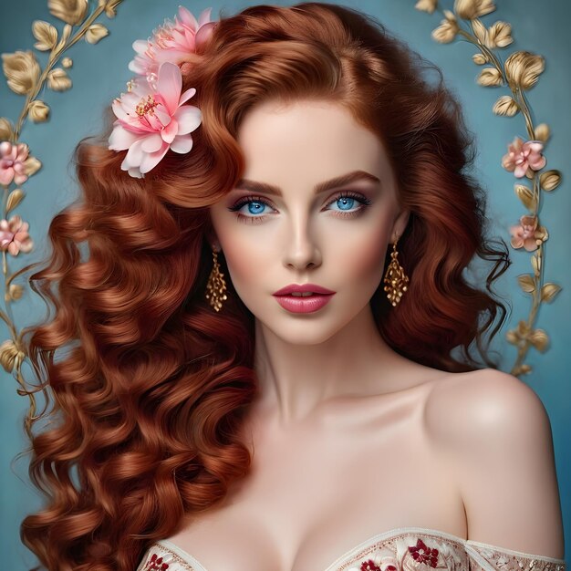 una mujer con una flor en el cabello se muestra en un retrato