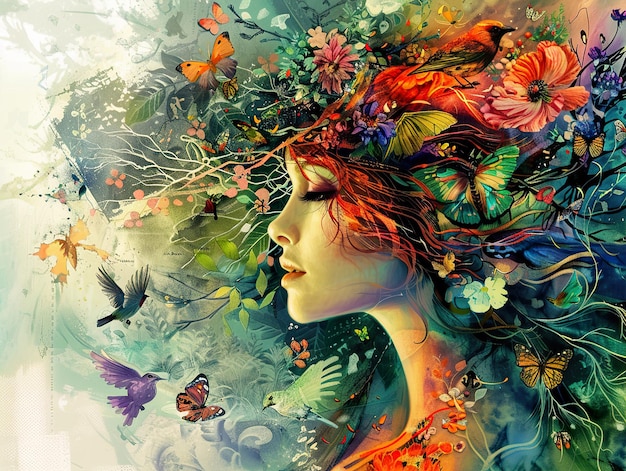 una mujer con una flor en el cabello y una pintura de mariposas