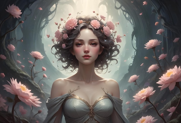 una mujer con una flor en la cabeza está rodeada de flores
