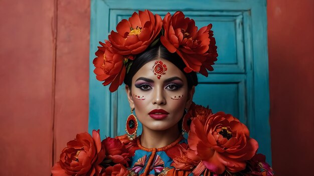 Foto una mujer con una flor en la cabeza y la palabra 