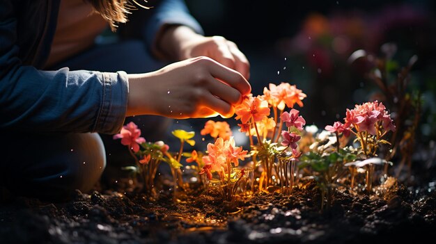 Foto mujer con una flor en las manos por la noche