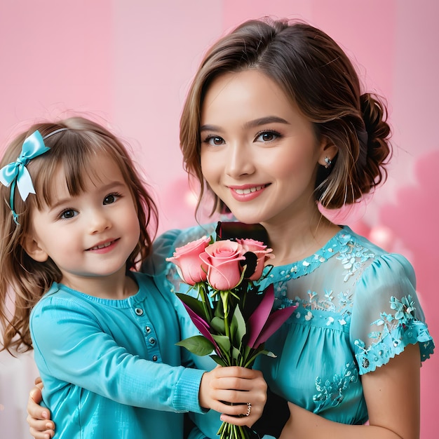 una mujer con una flor y una niña con una rosa rosa