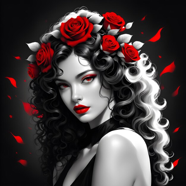 Foto una mujer con una flor roja en el cabello y una flor roja en el pelo