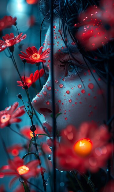 una mujer con una flor roja en el cabello y gotas de agua de color rojo en la cara