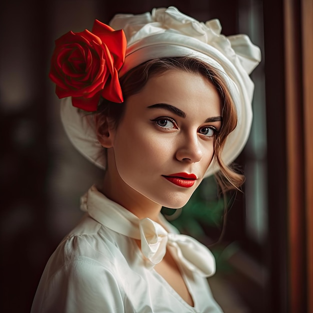 Una mujer con una flor roja en el pelo.