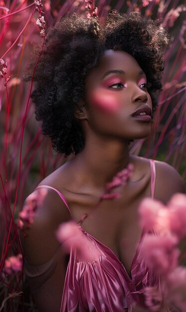 una mujer con una flor rosa en el cabello