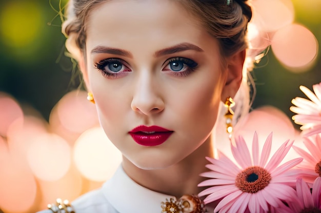 Una mujer con una flor rosa en la mano.