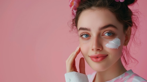 Mujer con flor rosa y máscara blanca