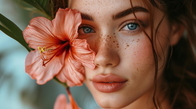 Foto mujer con flor tropical