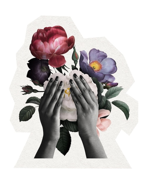 Mujer floral pegatina png ilustración botánica de medios mixtos arte de collage digital en fondo transparente