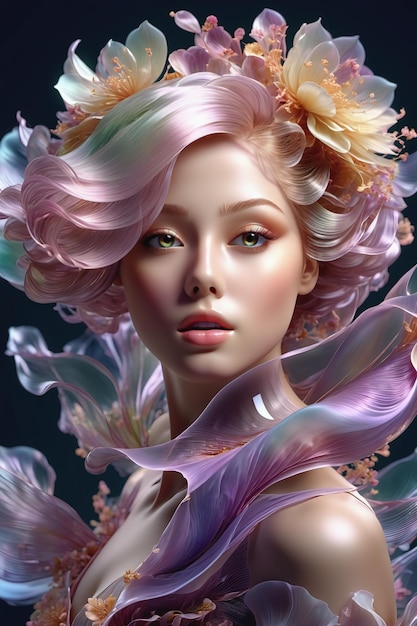 una mujer con flores en el cabello 3D render