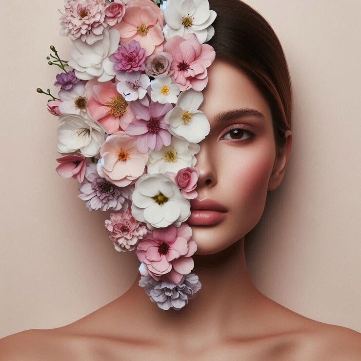 una mujer con flores en el cabello y una imagen de la cara de una mujer
