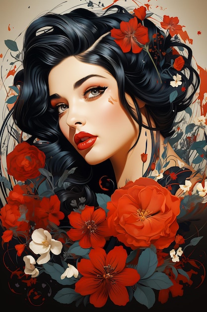 Mujer con flores en el cabello y labio rojo y flor en el cabello IA generativa