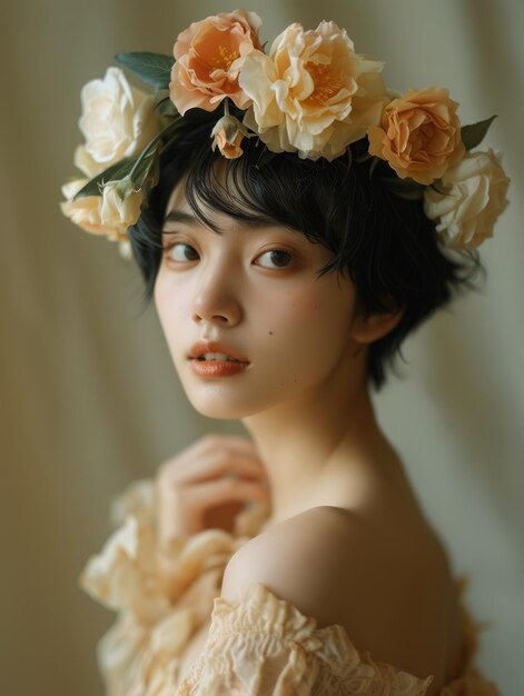 una mujer con flores en el cabello