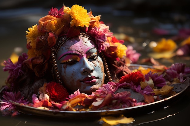 una mujer con flores en la cabeza en el agua