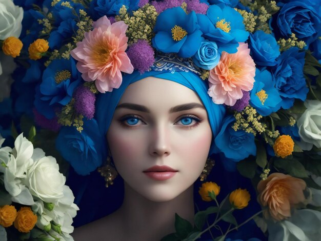 Una mujer con flores en la cabeza y una diadema azul está rodeada de flores generadas por ai.