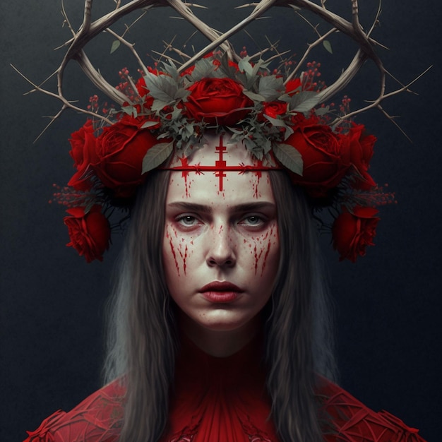 Una mujer con flores en la cabeza y un vestido rojo con cuernos de ciervo en la cabeza.