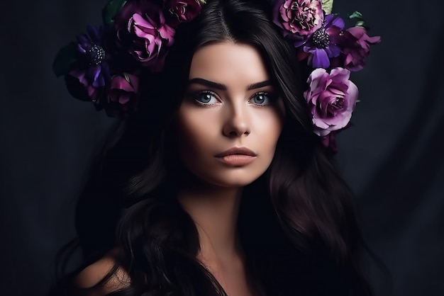 Una mujer con flores en la cabeza