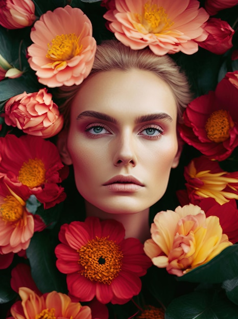 Una mujer con flores en la cabeza