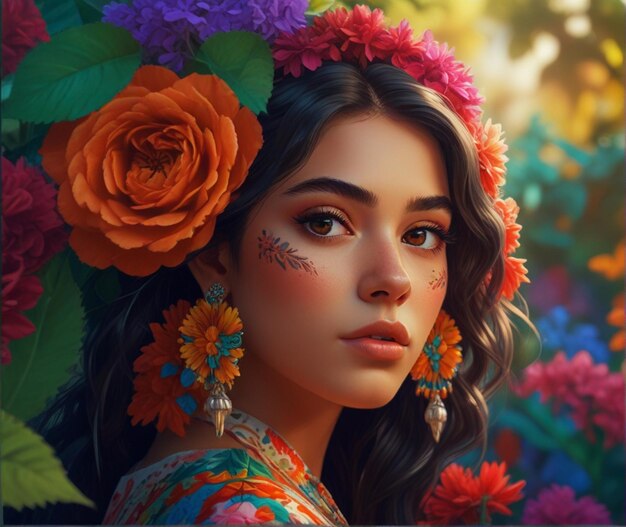 Foto una mujer con flores en la cara está usando una corona de flores coloridas