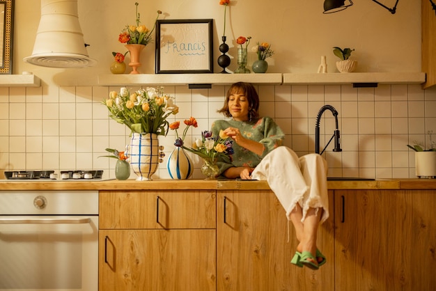 Mujer con flores en la cocina