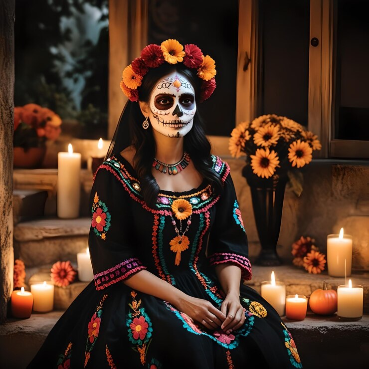 una mujer con flores y un cráneo