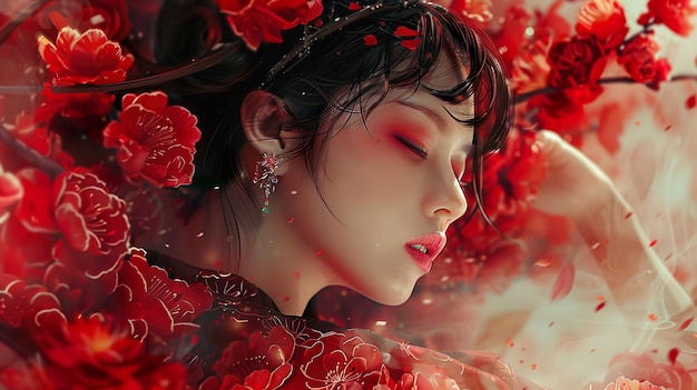 una mujer con flores y una flor roja en el cabello