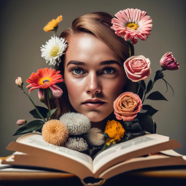 Foto mujer con flores leyendo un libro concepto de fantasía imagen generada por ia